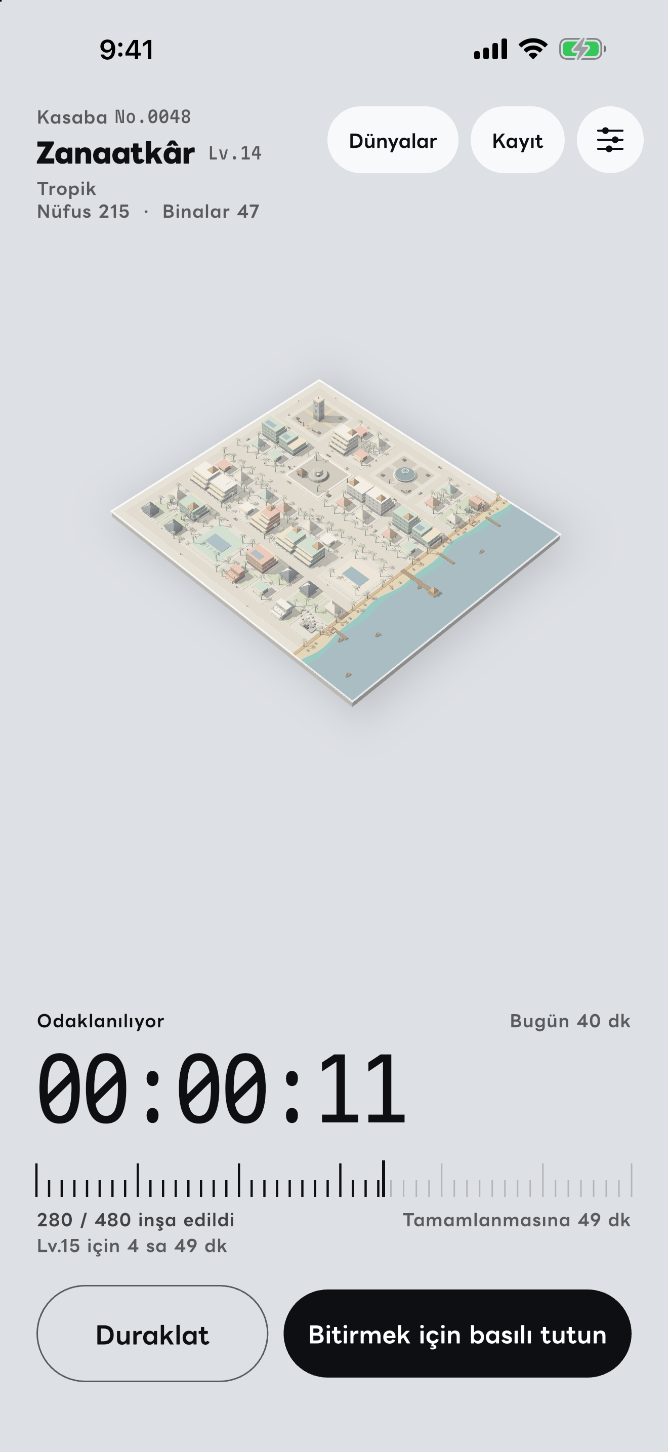 Uygulamanın “Odak” ekranı.
