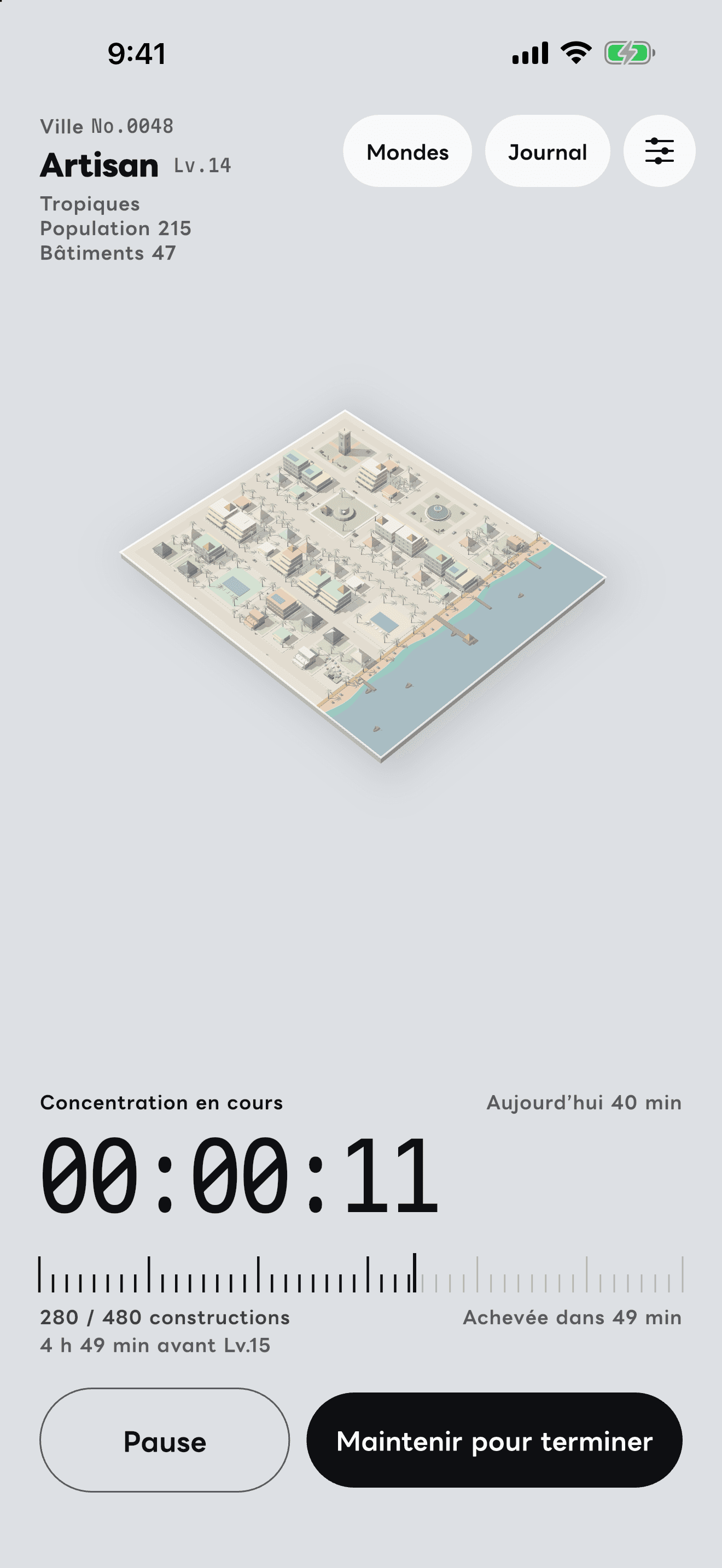 L’écran « Concentration » de l’app.
