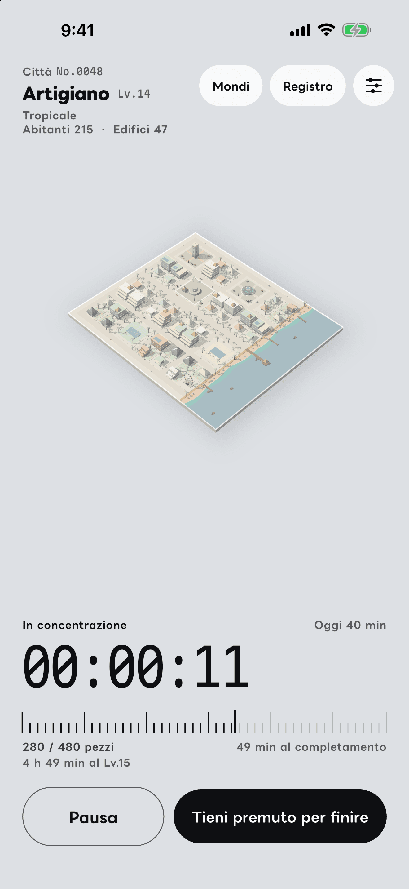 La schermata “Concentrazione” dell’app.
