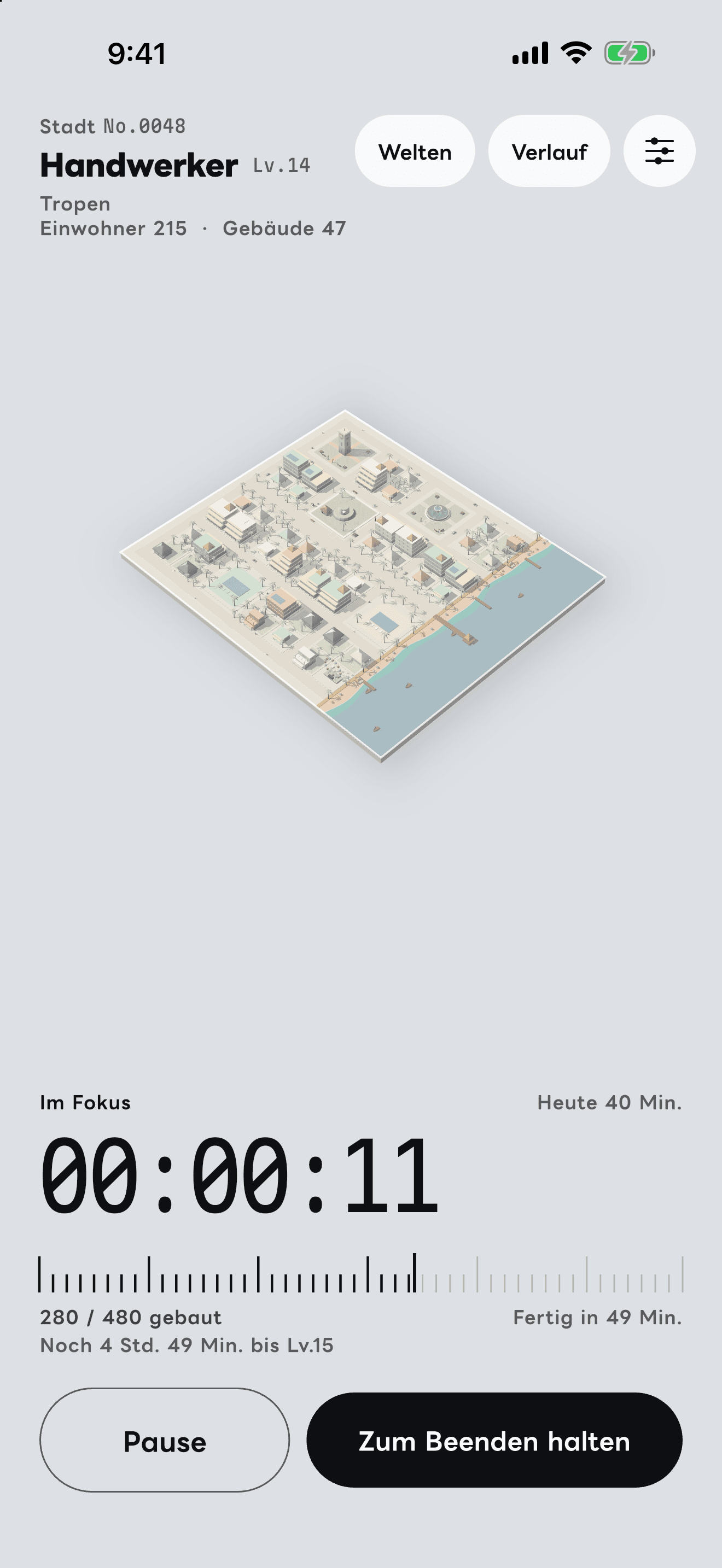 Der Bildschirm „Fokus“ der App.