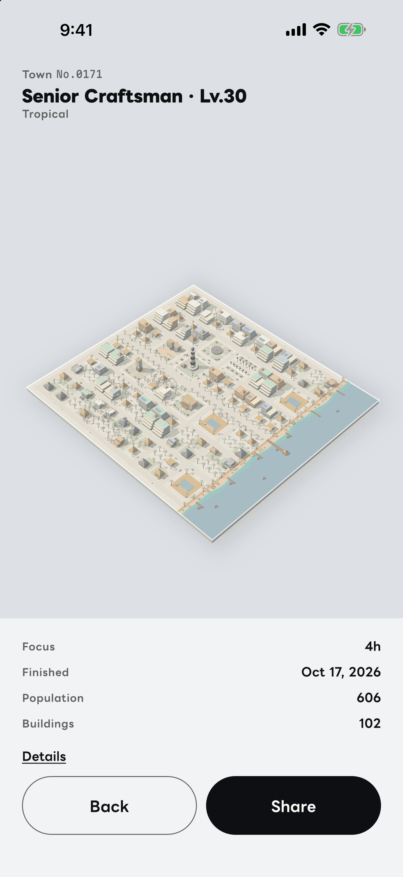 The app's A town screen.
