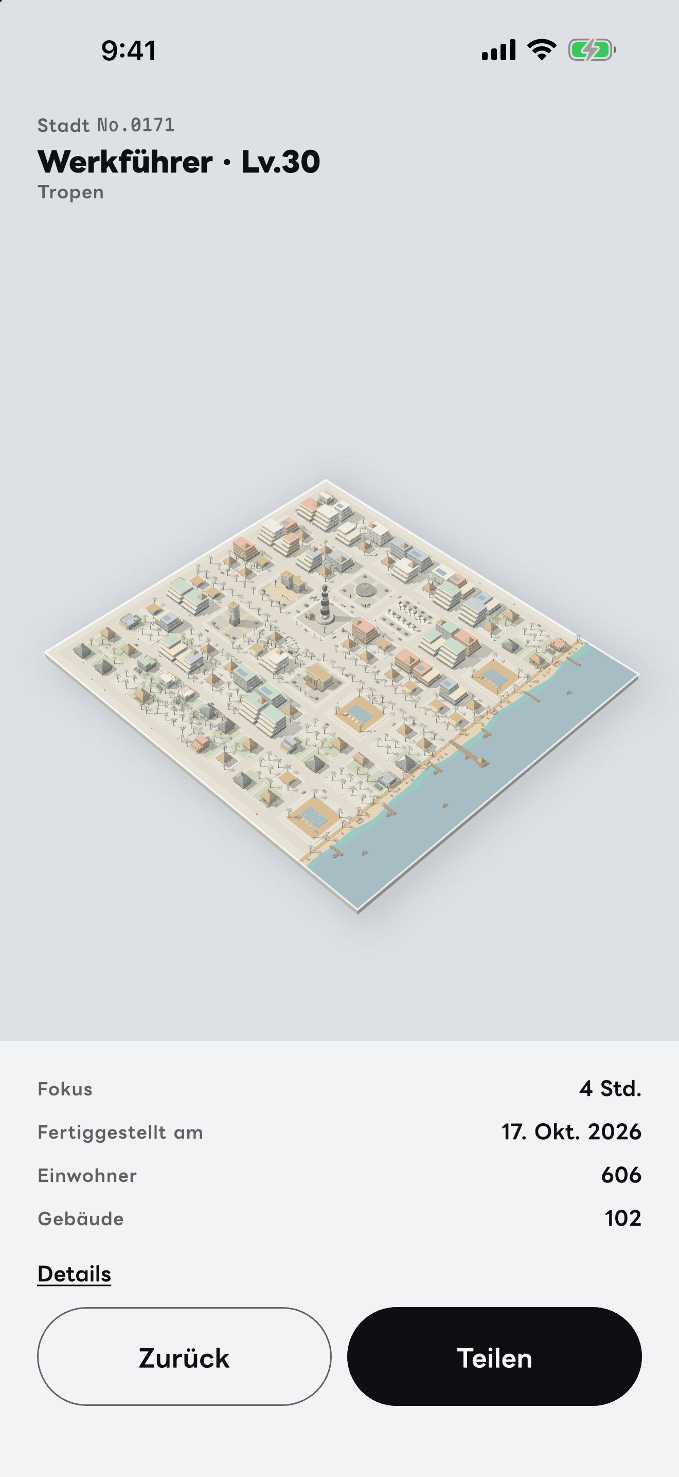 Der Bildschirm „Eine Stadt“ der App.