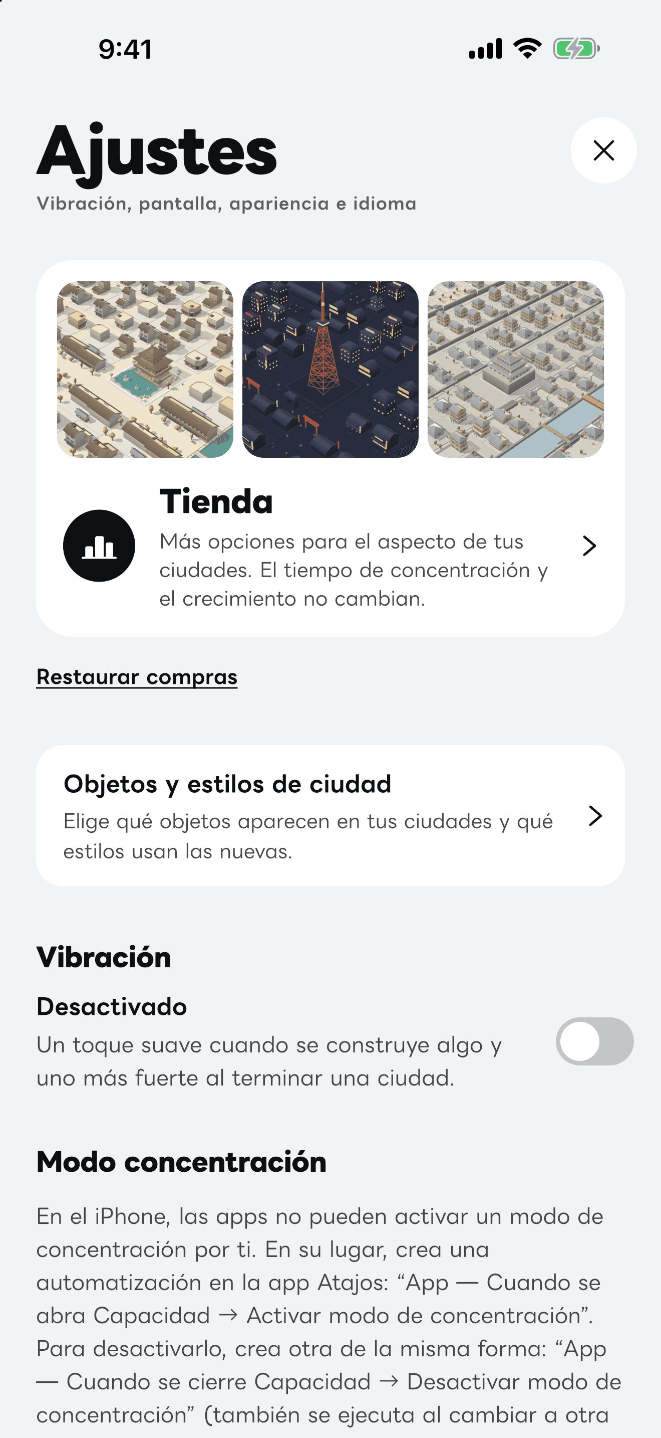 Pantalla «Ajustes» de la app.