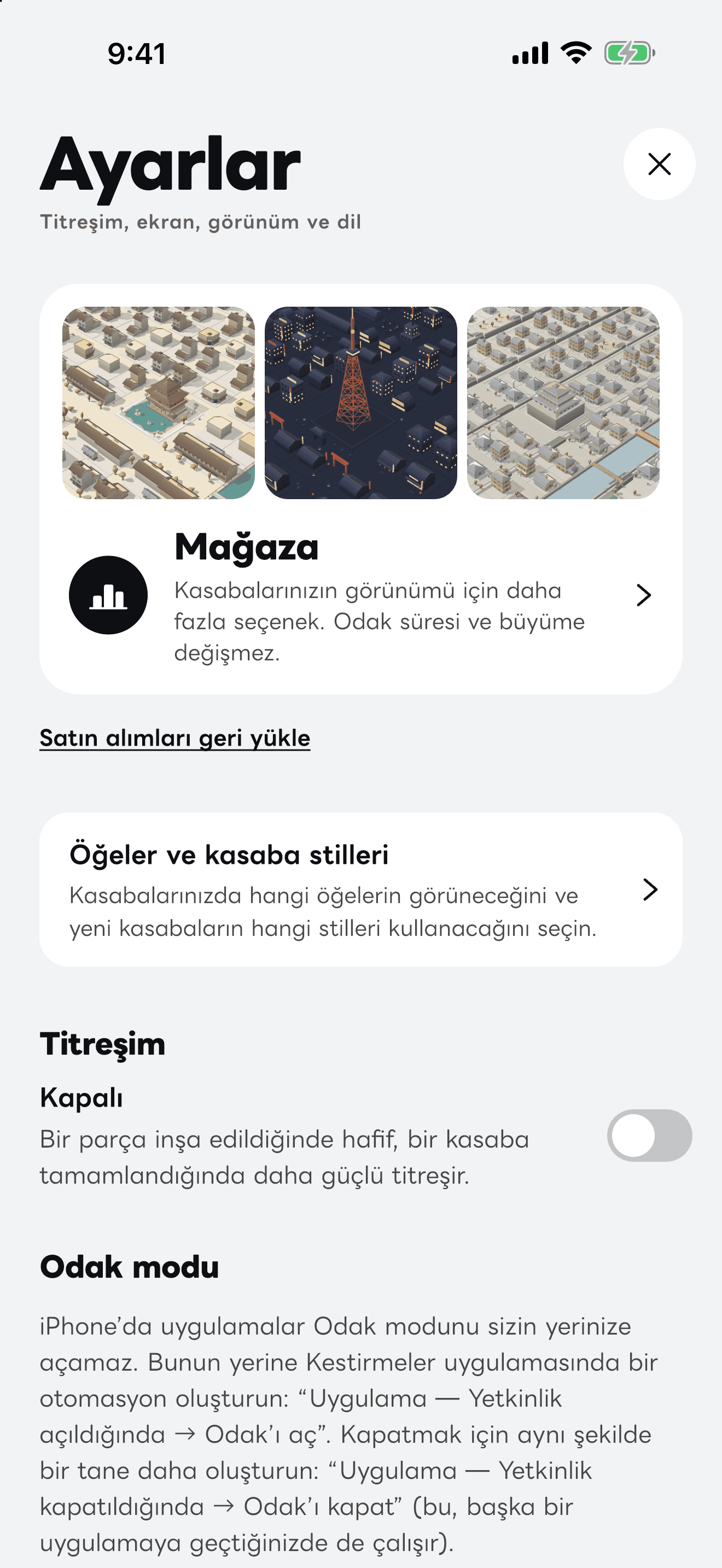 Uygulamanın “Ayarlar” ekranı.