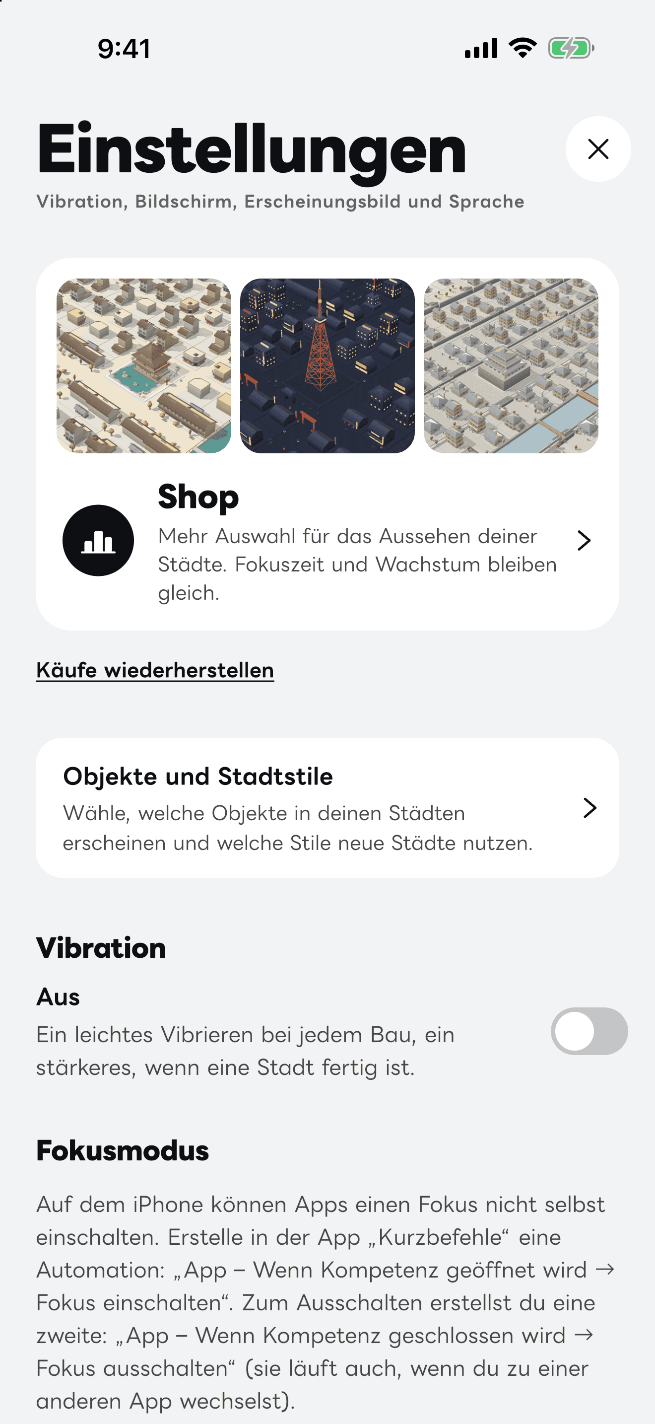 Der Bildschirm „Einstellungen“ der App.