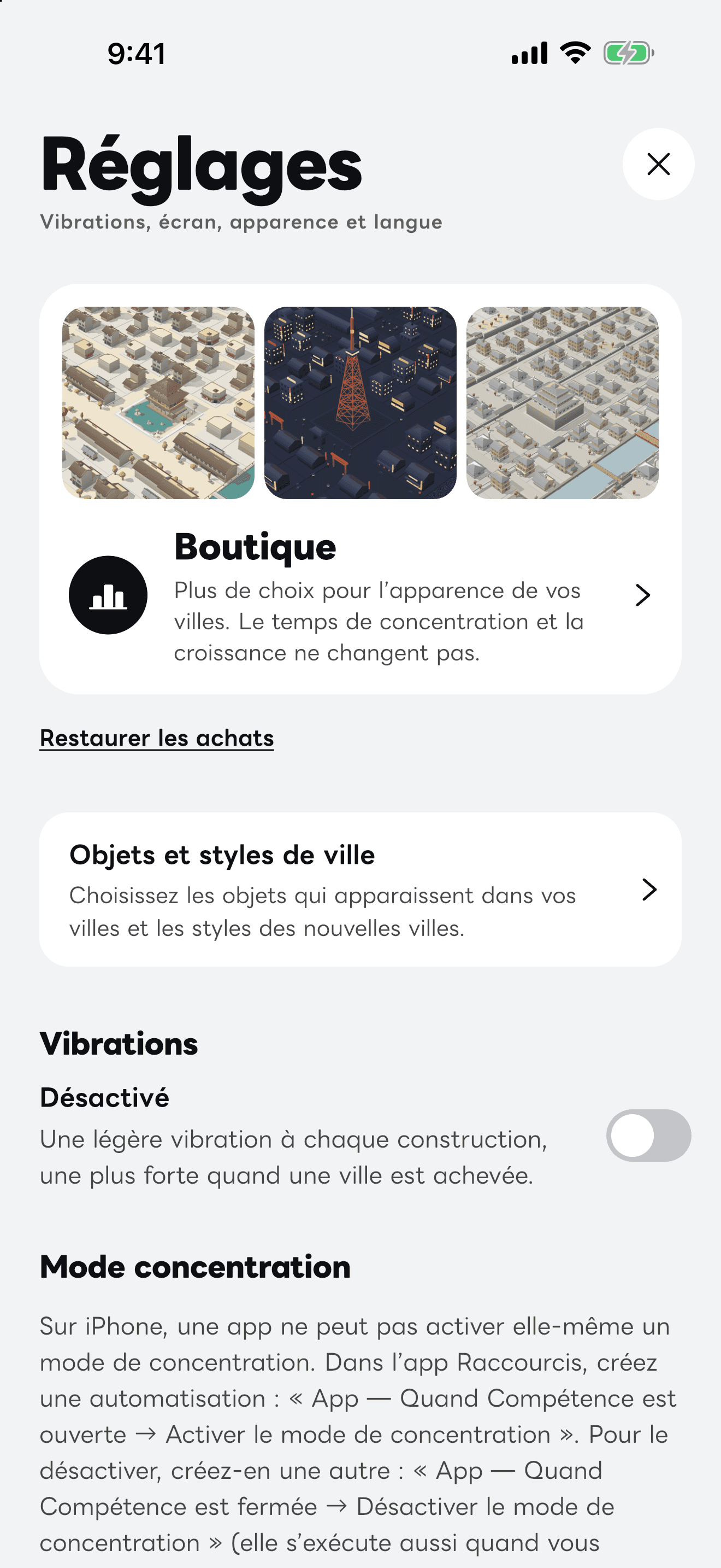 L’écran « Réglages » de l’app.