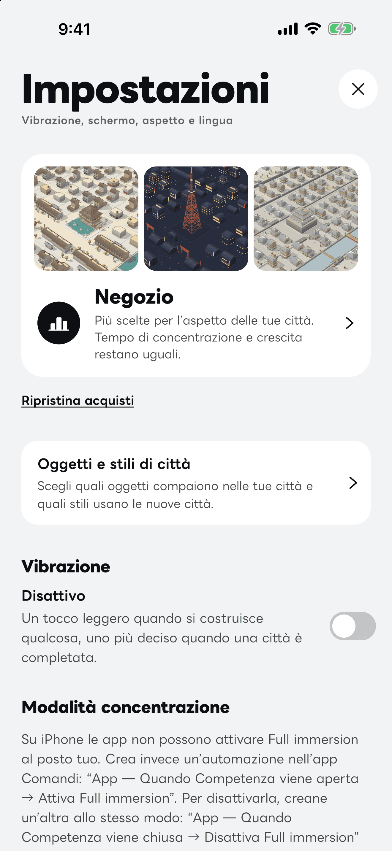 La schermata “Impostazioni” dell’app.